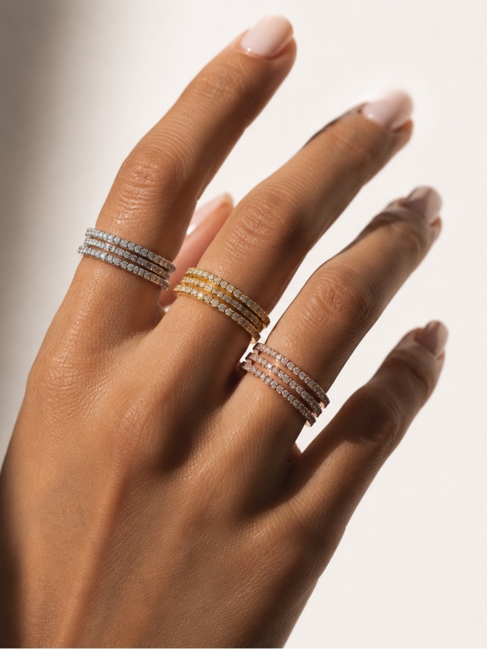 Triple Row Pavé Stackable Ring - Gold, Silver, Rose Gold